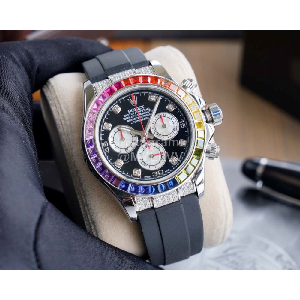 Rolex Rubber Strap Diamond Watch Silver