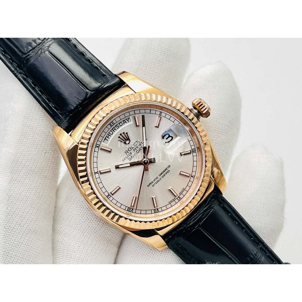 Rolex Dr Factory Day-Date 36mm Dial Leather Strap Watch Black