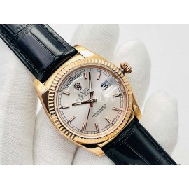 Rolex Dr Factory Day-Date 36mm Dial Leather Strap Watch Black