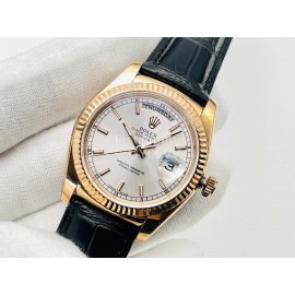 Rolex Dr Factory Day-Date 36mm Dial Leather Strap Watch Black