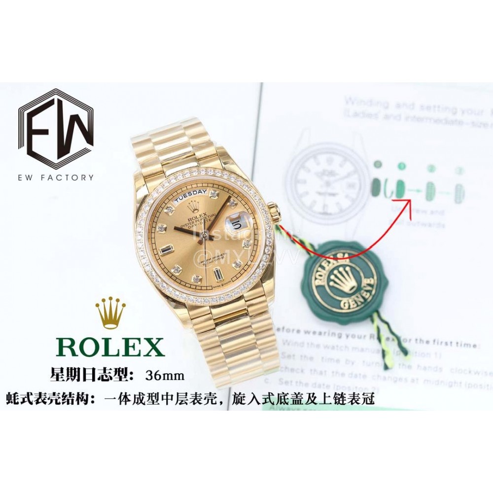 Rolex 36mm Gold Dial Steel Strap Diamond Watch