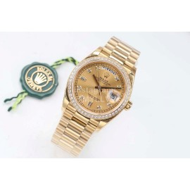 Rolex 36mm Gold Dial Steel Strap Diamond Watch