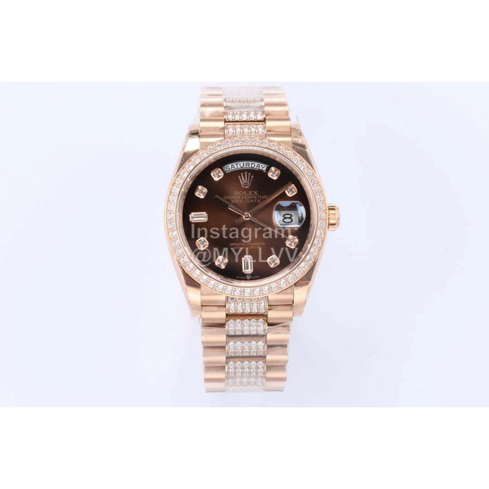 Rolex New 36mm Dial Steel Strap Diamond Watch Brown