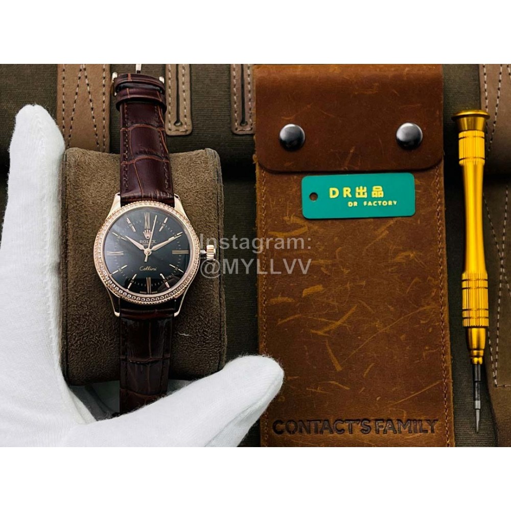 Rolex Dr Factory Leather Strap Diamond Watch Brown