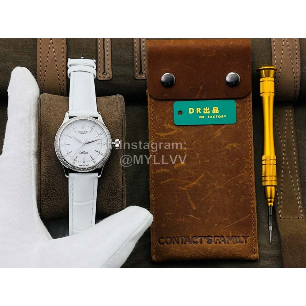 Rolex Dr Factory Leather Strap Diamond Watch White