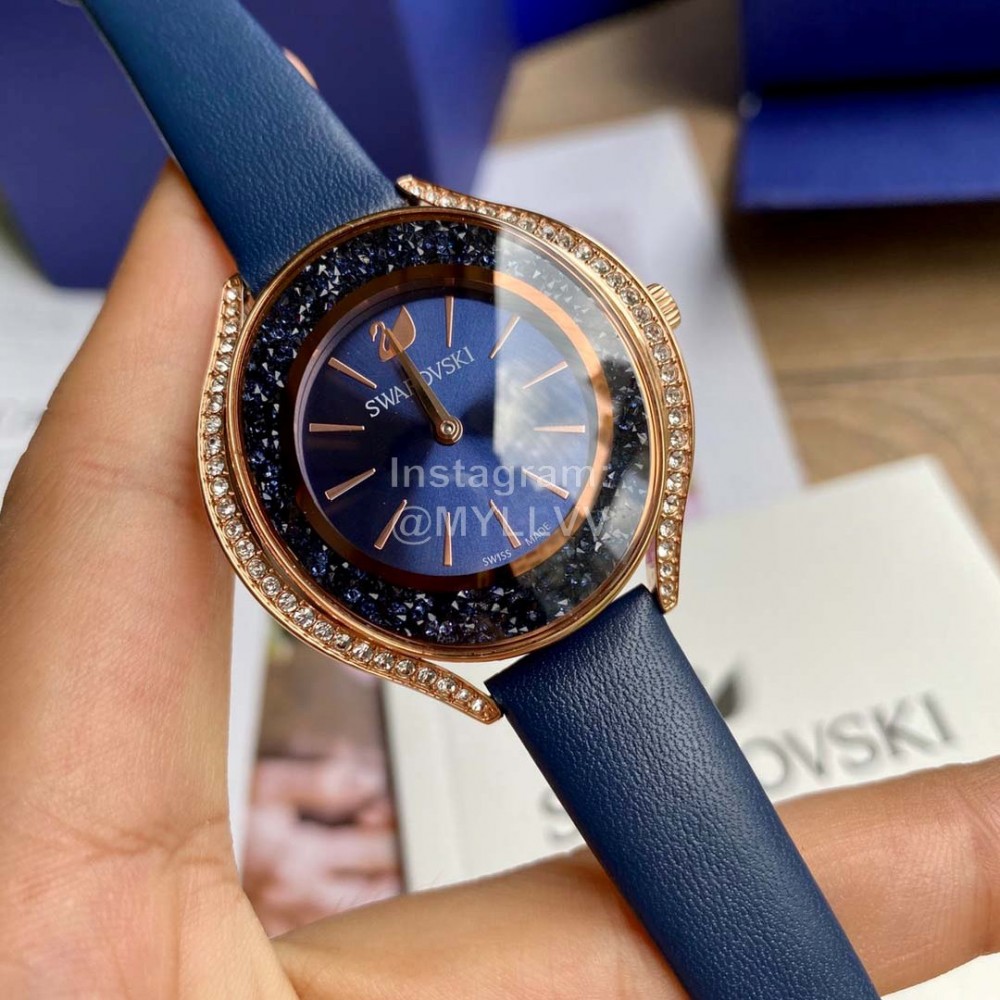 Swarovski Crystal 50m Waterproof Leather Strap Watch Navy