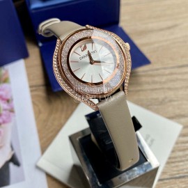 Swarovski Crystal 50m Waterproof Leather Strap Watch Beige