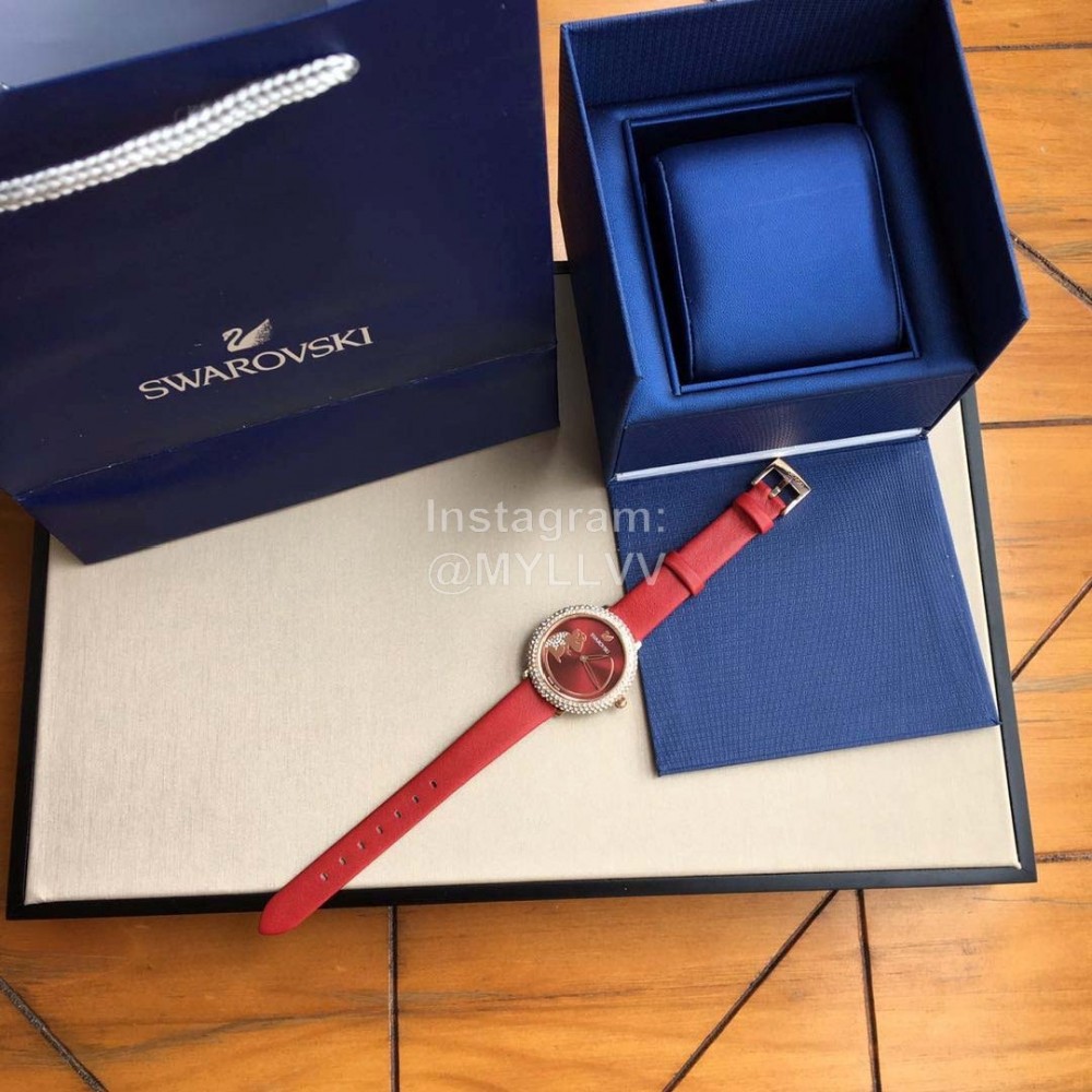 Swarovski New Diamond Crystal Leather Strap Watch For Women Red