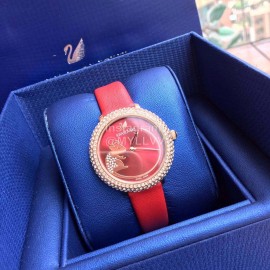 Swarovski New Diamond Crystal Leather Strap Watch For Women Red