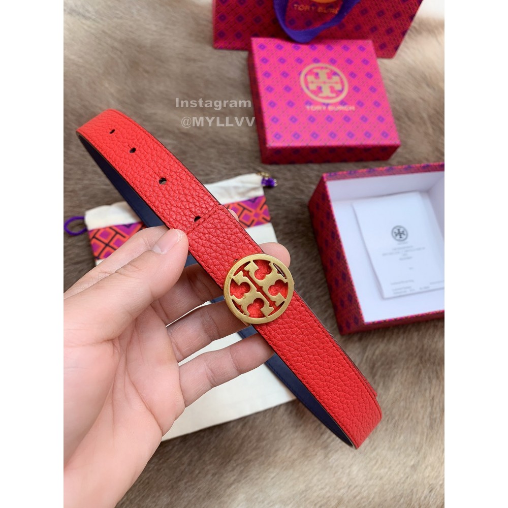 Tory Burch Fashion Calf Leather Gold Buckle 25mm Belt Red