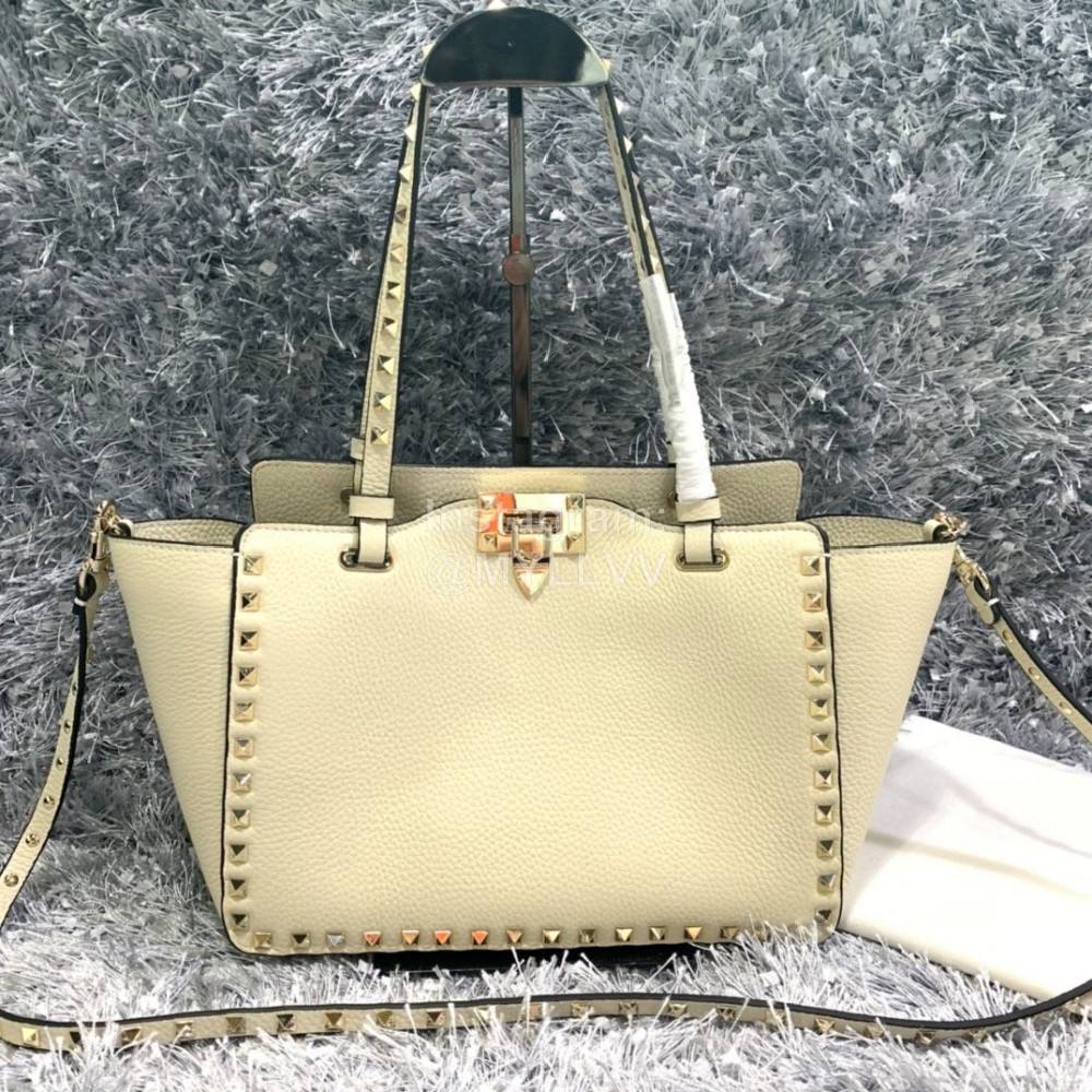 Valentino Small Horizontal Elk Grain Cow Leather Shopping Bag Beige 0037a