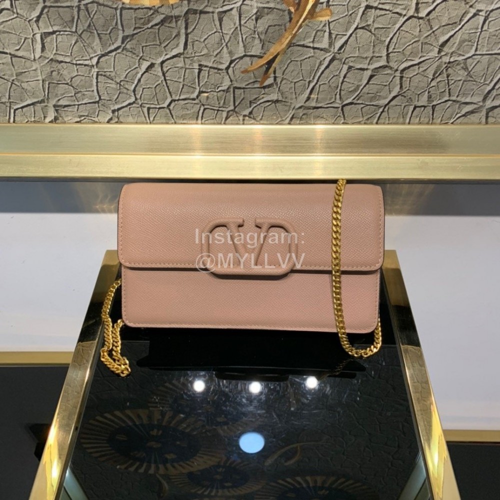 Valentino Palmprint Leather Chain Wallet Pink 0093