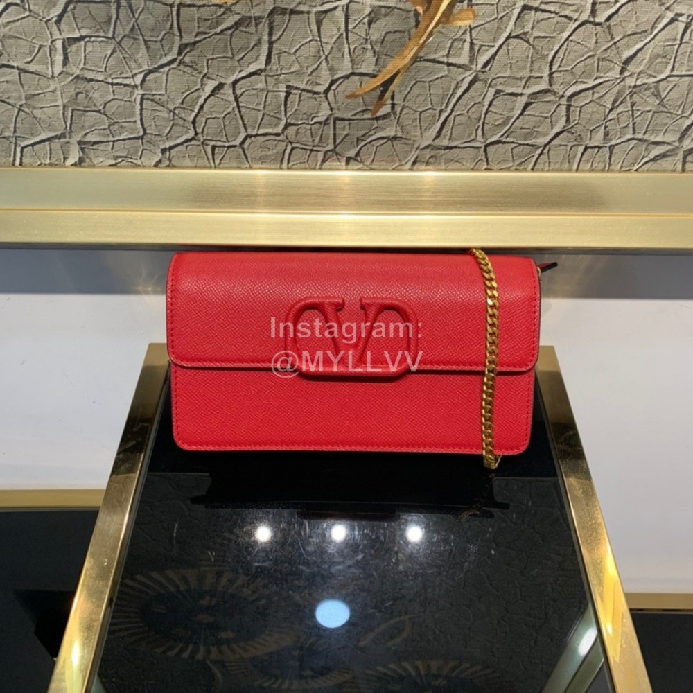 Valentino Palmprint Leather Chain Wallet Red 0093