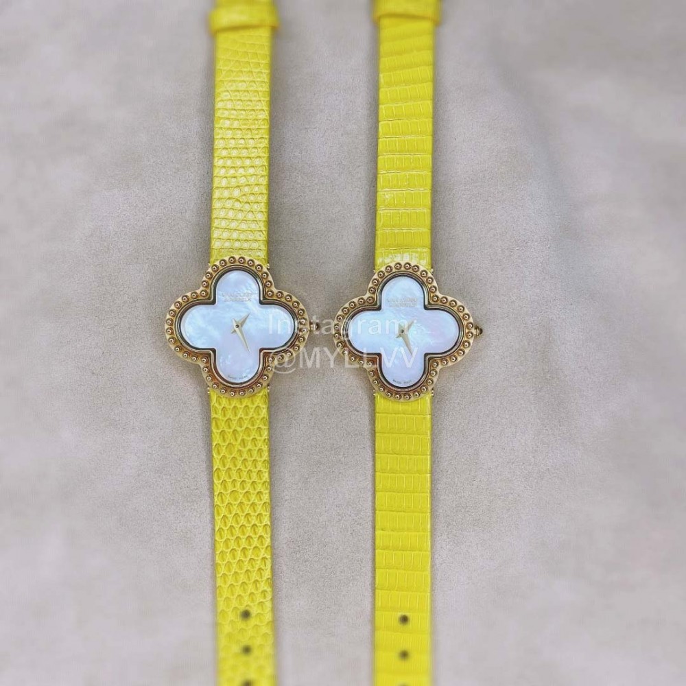 Van Cleef Arpels 30mm Dial Leather Strap Quartz Watch Yellow