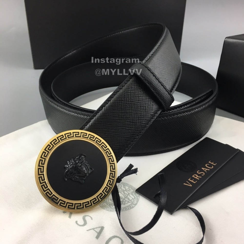 Versace Black Leather Round Gold Steel Buckle Belt 