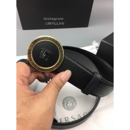 Versace Black Leather Round Gold Steel Buckle Belt 