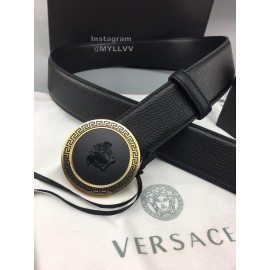 Versace Black Leather Round Gold Steel Buckle Belt 