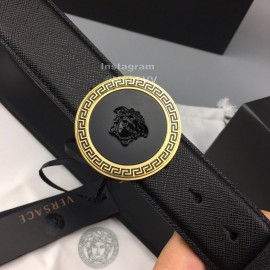 Versace Black Leather Round Gold Steel Buckle Belt 