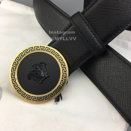 Versace Black Leather Round Gold Steel Buckle Belt 