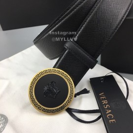 Versace Black Leather Round Gold Steel Buckle Belt 