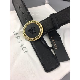 Versace Black Leather Round Gold Steel Buckle Belt 