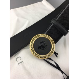 Versace Black Leather Round Gold Steel Buckle Belt 