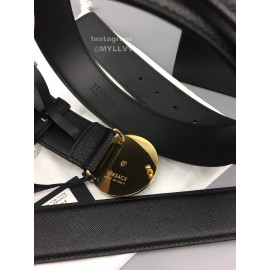 Versace Black Leather Round Gold Steel Buckle Belt 