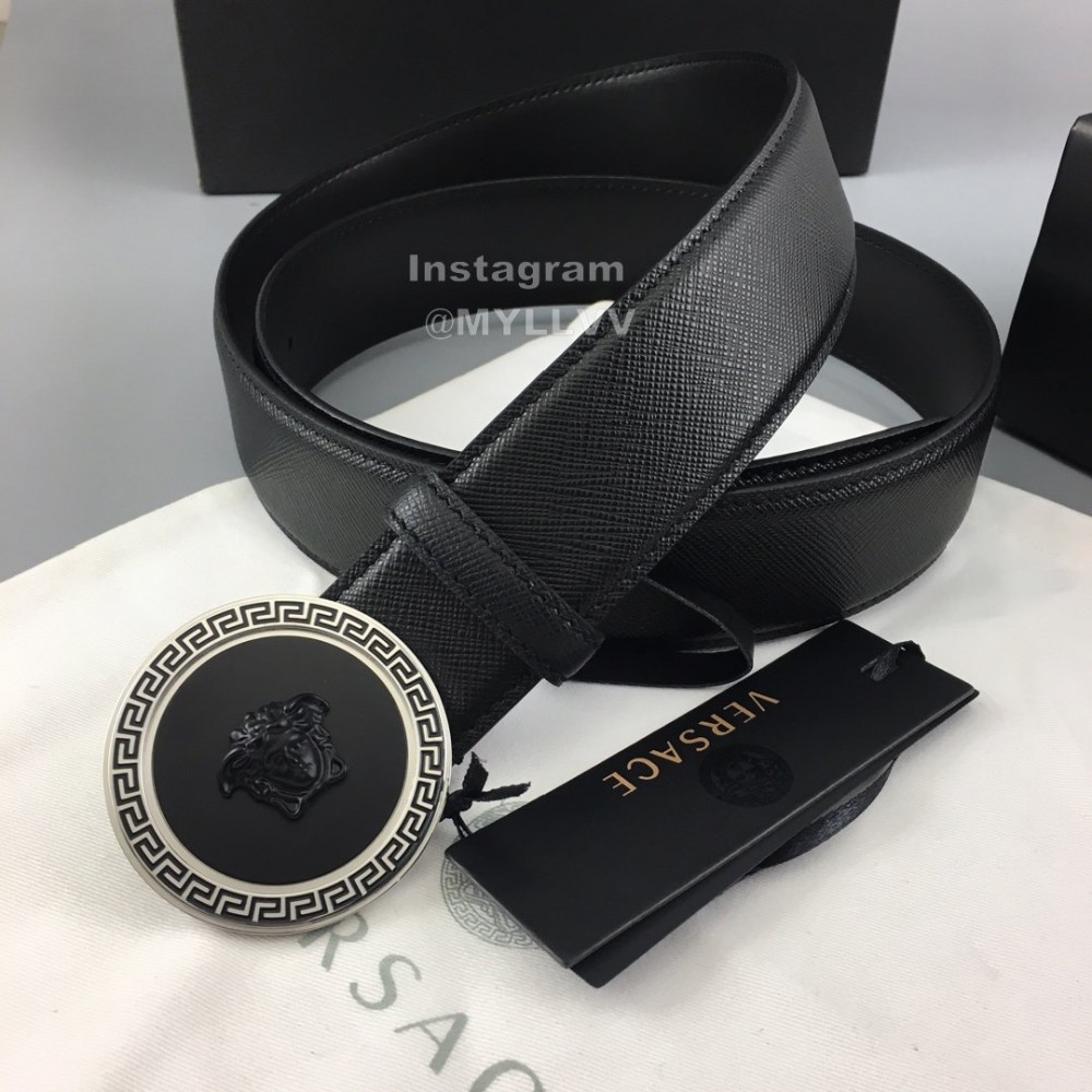 Versace Black Leather Round Silver Steel Buckle Belt 