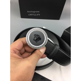 Versace Black Leather Round Silver Steel Buckle Belt 