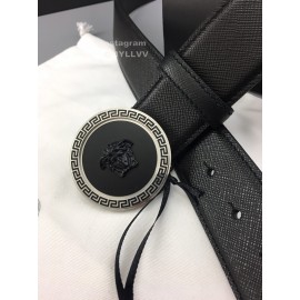 Versace Black Leather Round Silver Steel Buckle Belt 