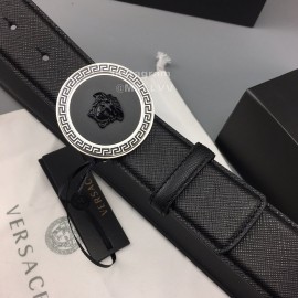 Versace Black Leather Round Silver Steel Buckle Belt 