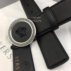 Versace Black Leather Round Silver Steel Buckle Belt 