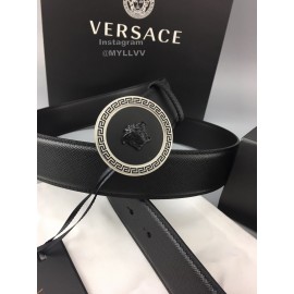 Versace Black Leather Round Silver Steel Buckle Belt 