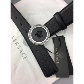 Versace Black Leather Round Silver Steel Buckle Belt 