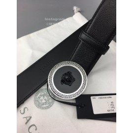 Versace Black Leather Round Silver Steel Buckle Belt 