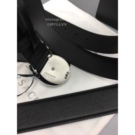 Versace Black Leather Round Silver Steel Buckle Belt 