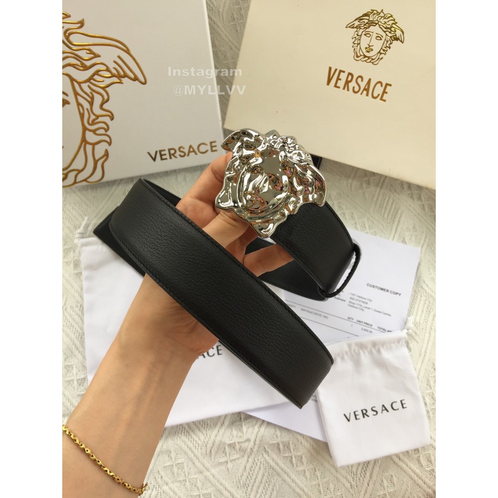 Versace Black Leather Silver Medusa Buckle Belt 