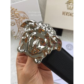 Versace Black Leather Silver Medusa Buckle Belt 