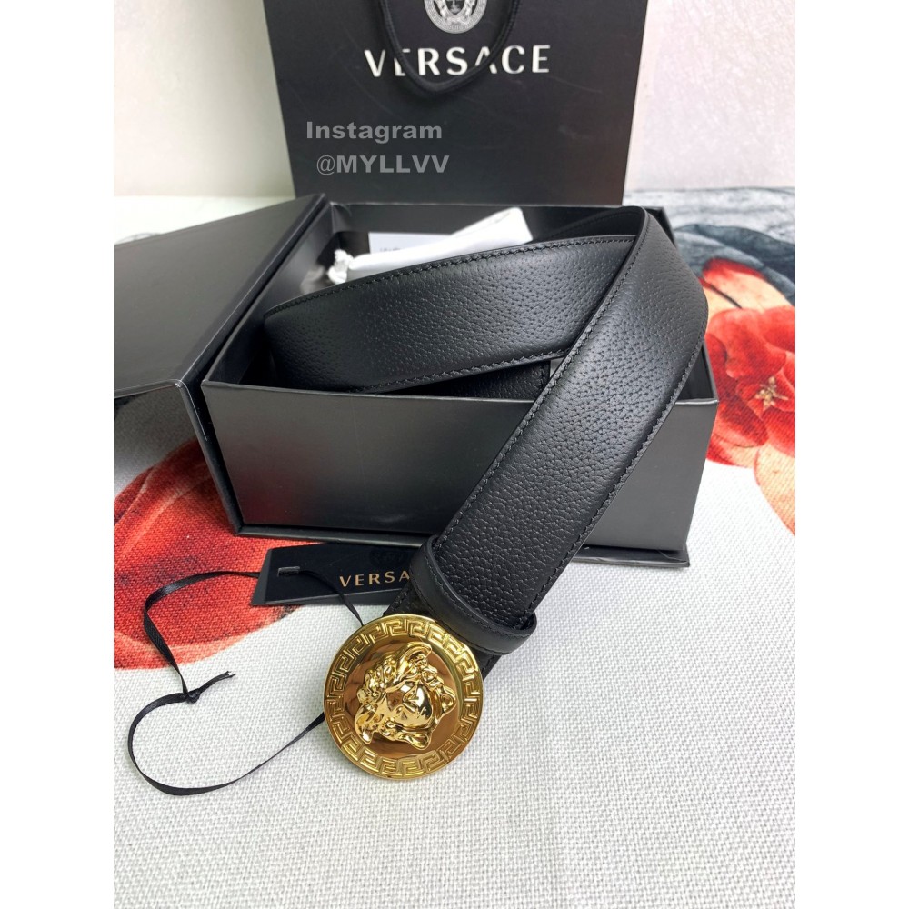 Versace Black Calf Leather Round Medusa Gold Buckle 40mm Belt 