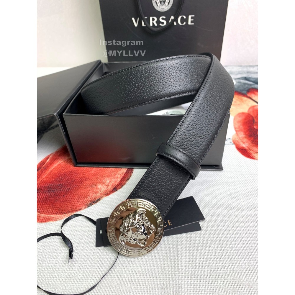 Versace Black Calf Leather Round Medusa Silver Buckle 40mm Belt 