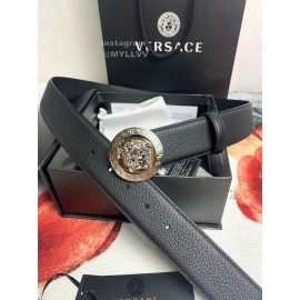 Versace Black Calf Leather Round Medusa Silver Buckle 40mm Belt 
