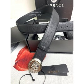 Versace Black Calf Leather Round Medusa Silver Buckle 40mm Belt 
