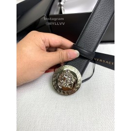 Versace Black Calf Leather Round Medusa Silver Buckle 40mm Belt 