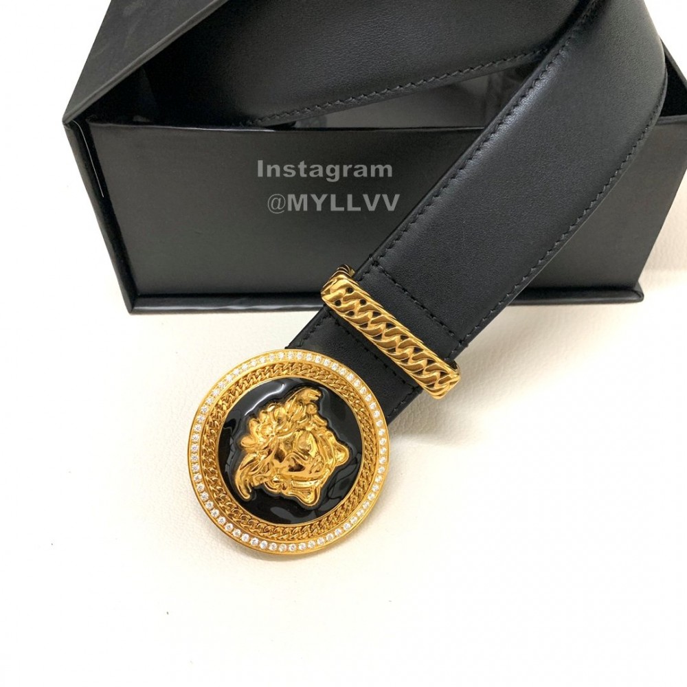 Versace Black Calf Leather Medusa Round Gold Buckle 40mm Belt 