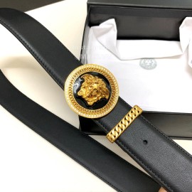 Versace Black Calf Leather Medusa Round Gold Buckle 40mm Belt 