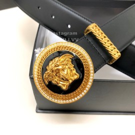 Versace Black Calf Leather Medusa Round Gold Buckle 40mm Belt 