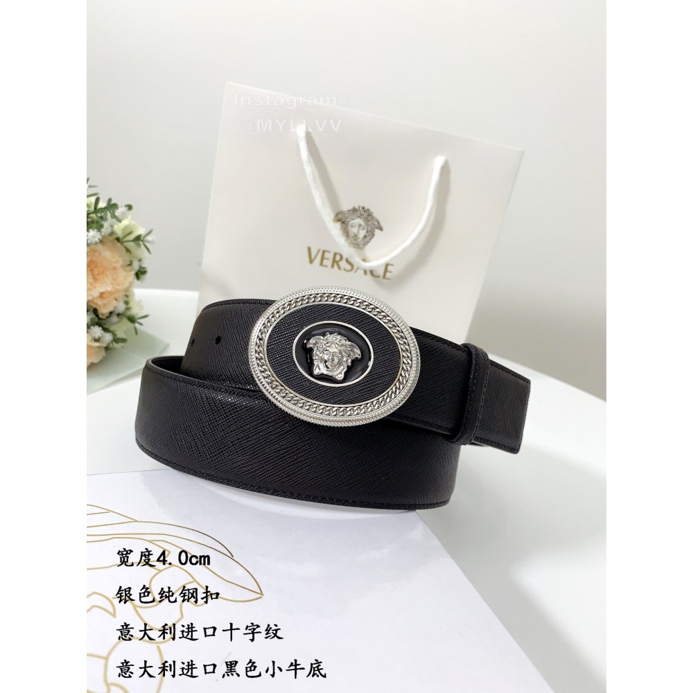 Versace Black Calf Leather Silver Medusa Ellipse Buckle 40mm Belt 