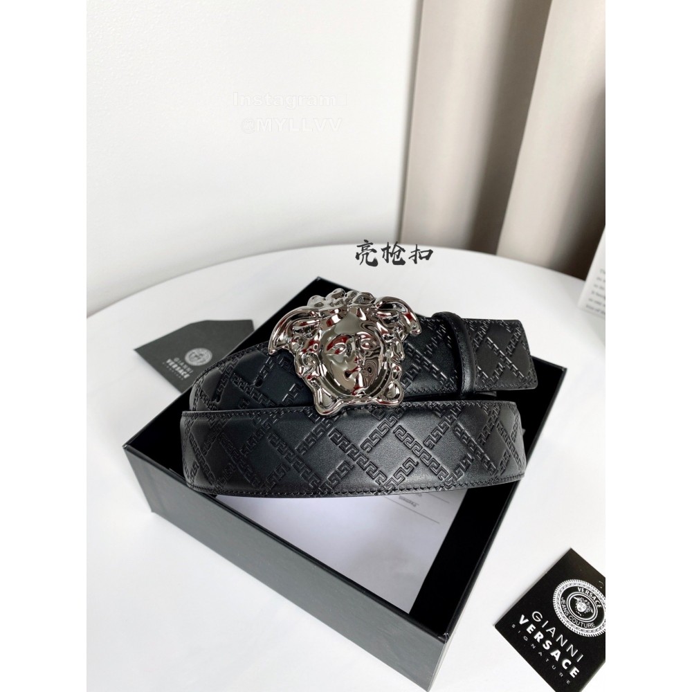 Versace Plaid Calf Leather Electroplated Gun Color Medusa Buckle 38mm Belt