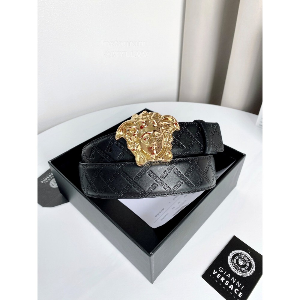 Versace Plaid Calf Leather Electroplated Gold Medusa Buckle 38mm Belt