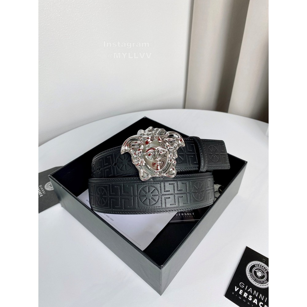 Versace Calf Leather Electroplated Silver Medusa Buckle 38mm Belt